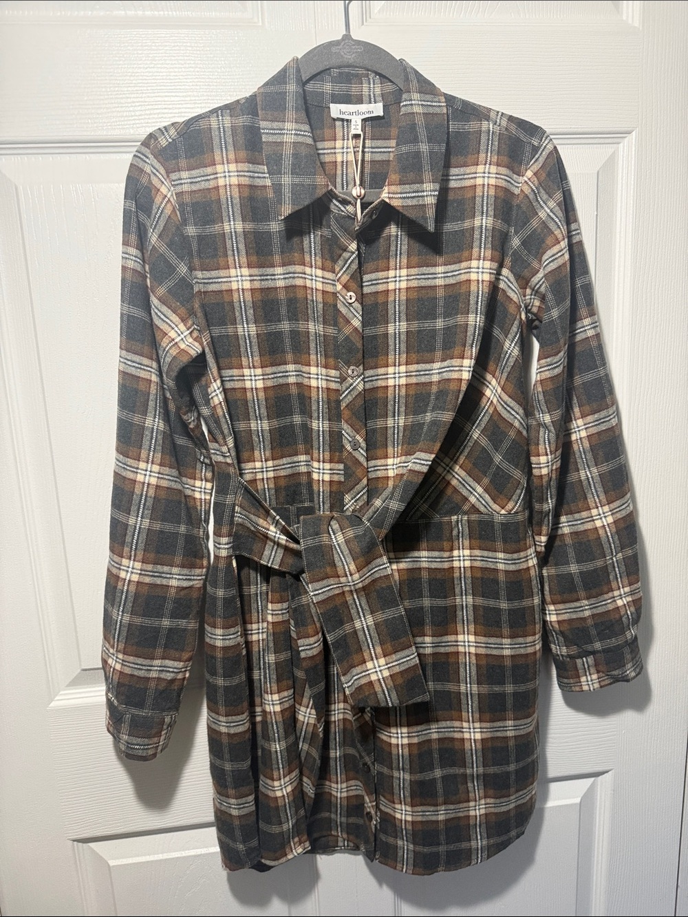 Heartloom Plaid Belted Shirt Dress - Gray & Brown